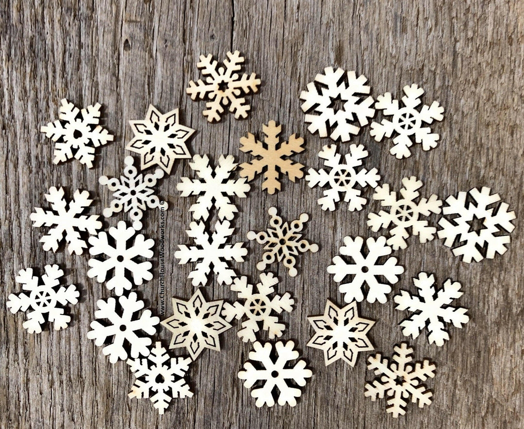 1 Inch SILVER Mini Wood Snowflake Christmas Ornaments 25 QTY