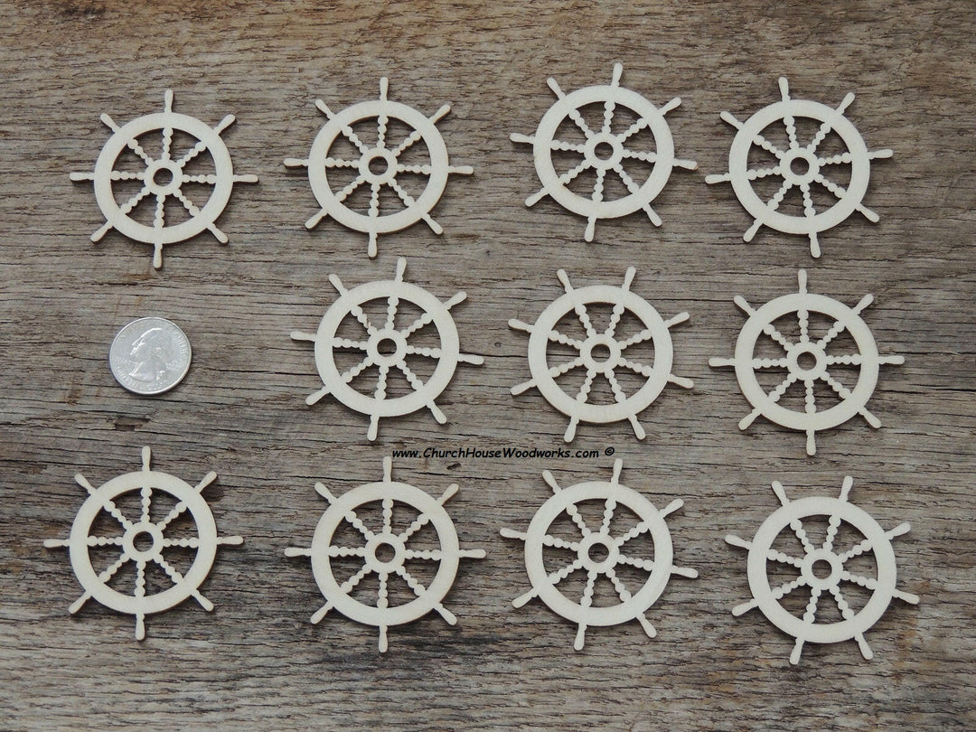 25 qty 2 inch Captains Ship Steering Wheel Helm Wood Pendants for crafts, sewing, DIY projects, nautical, marine, boat anchor