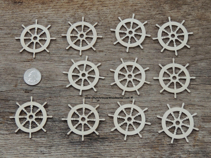 25 qty 2 inch Captains Ship Steering Wheel Helm Wood Pendants for crafts, sewing, DIY projects, nautical, marine, boat anchor
