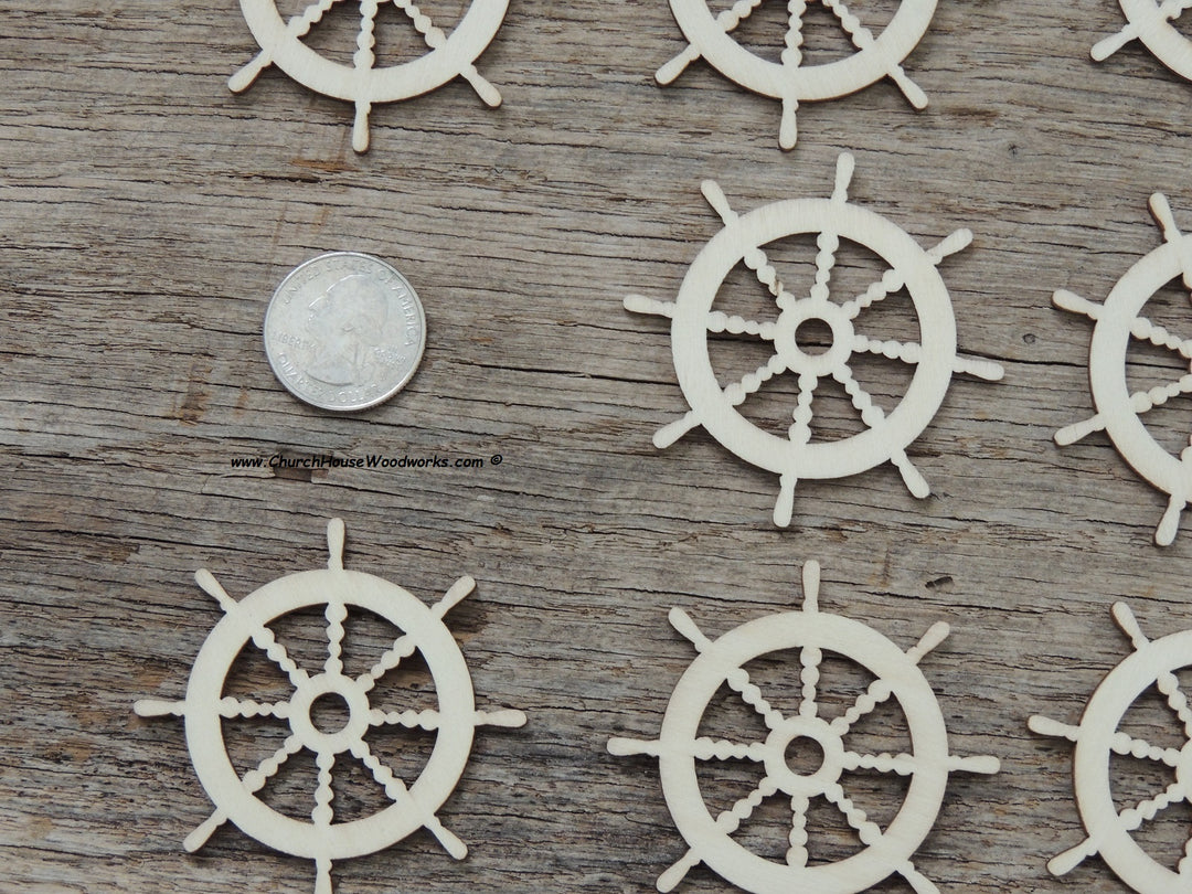 25 qty 2 inch Captains Ship Steering Wheel Helm Wood Pendants for crafts, sewing, DIY projects, nautical, marine, boat anchor