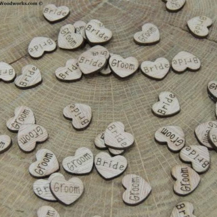 Bride Groom wood hearts with words on them confetti bridal shower wedding shower wedding decorations