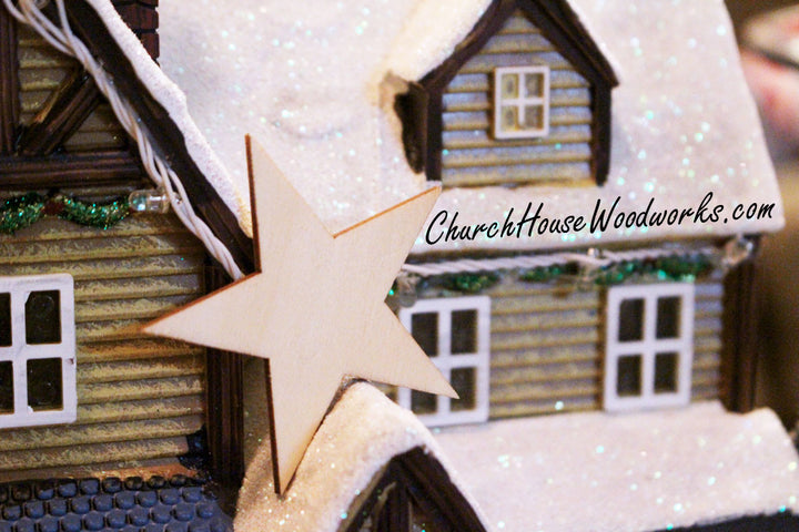 Wooden Star Christmas Tree Ornaments Miniatures Christmas Village Set DIY Craft Idea- Set of 25- 2 Inch Wooden Christmas Tree Supplies Accessories by ChurchHouseWoodworks.com 