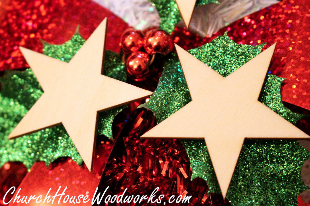Wooden Star Christmas Tree Ornaments Miniatures Christmas Village Set DIY Craft Idea- Set of 25- 2 Inch Wooden Christmas Tree Supplies Accessories by ChurchHouseWoodworks.com 