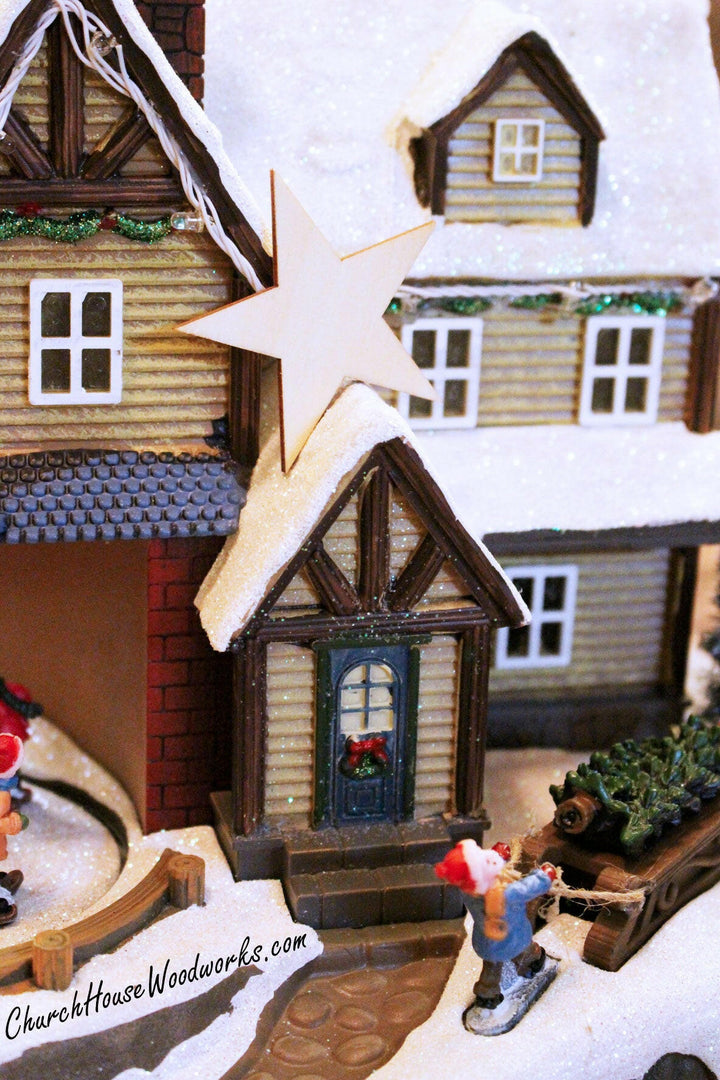 Wooden Star Christmas Tree Ornaments Miniatures Christmas Village Set DIY Craft Idea- Set of 25- 2 Inch Wooden Christmas Tree Supplies Accessories by ChurchHouseWoodworks.com 