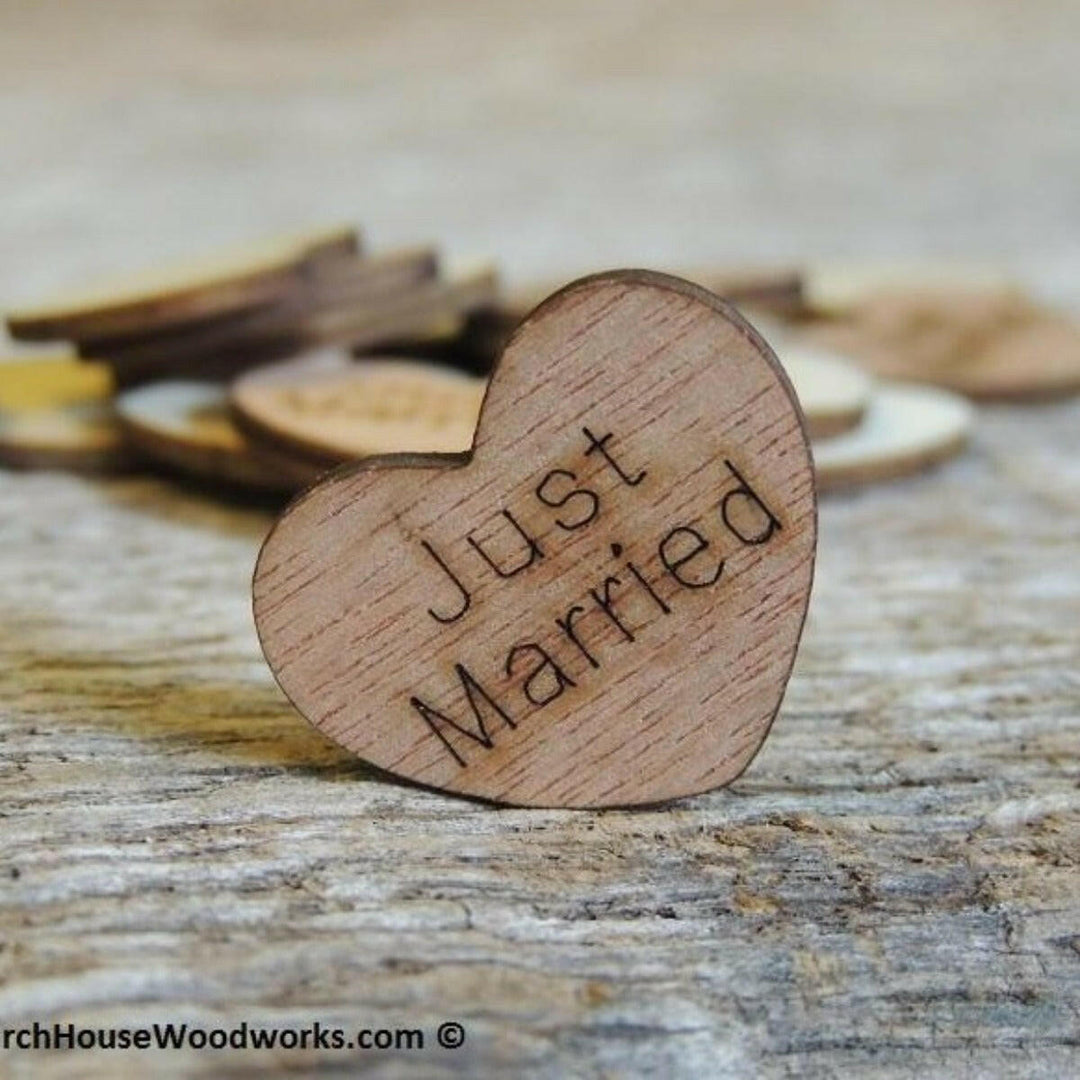 Just Married wood hearts with words on them rustic wedding decor table confetti