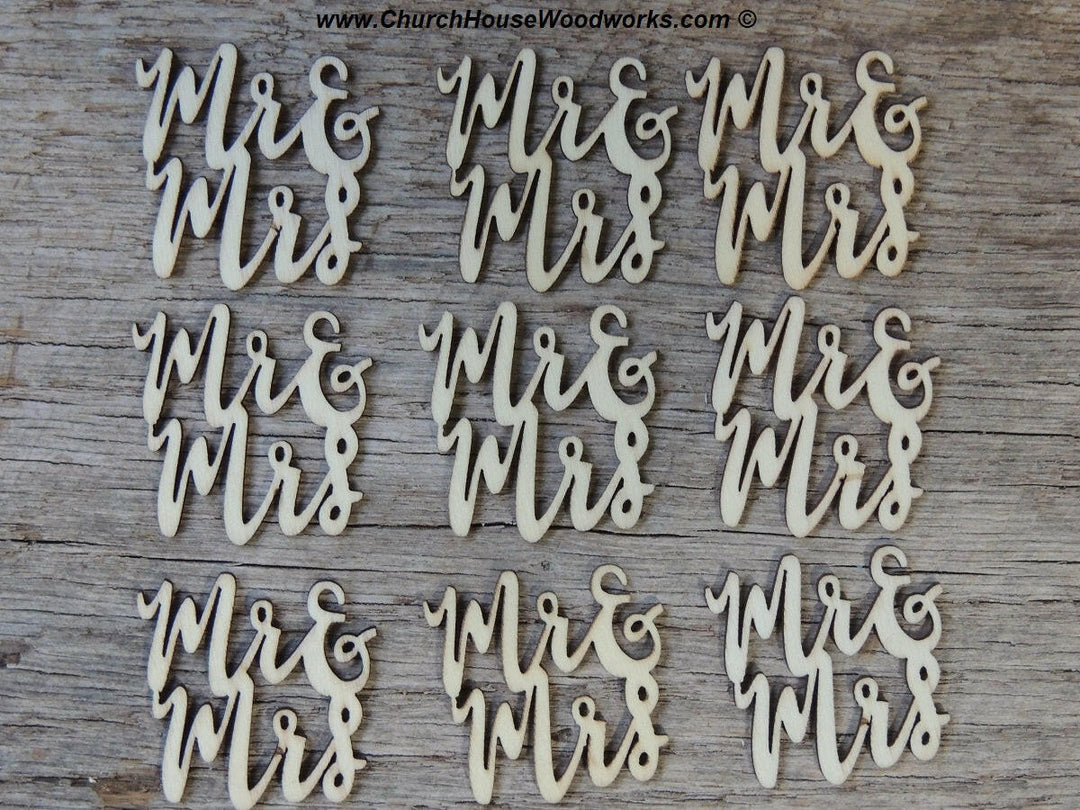 Mr & Mrs cursive wood words letters wedding decor table decorations confetti