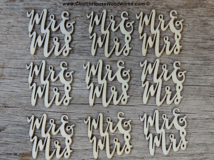 Mr & Mrs cursive wood words letters wedding decor table decorations confetti