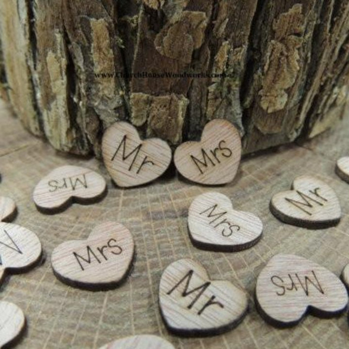 Mr Mrs Wood Hearts with words on them confetti table scatter wedding decorations MR MRS wedding decor
