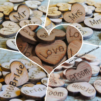 500 Tiny Wood Engraved Hearts. Get them all and SAVE!!!  You will receive the following amounts of each word. 100 Love wood hearts 100 Mr wood hearts 100 Mrs wood hearts 100 Bride wood hearts 100 Groom wood hearts