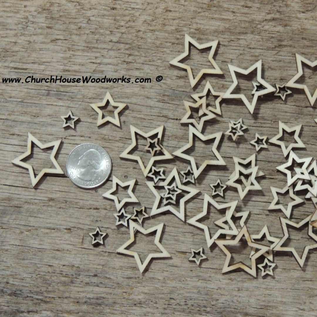 50 Small Hollow mix Laser Cut Wood Stars, Wooden Stars - Rustic Decor- Flag Making Wooden Stars- DIY Craft Supplies Shapes