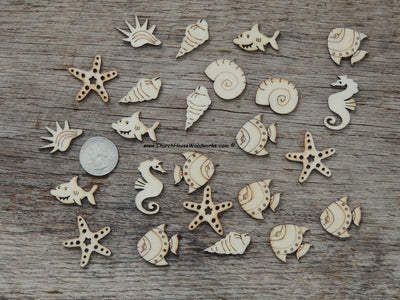 50 marine life sea creature wood pieces shapes star fish, seahorse, shark, fish, conch shell, sea shells crafts ornaments embellisments diy
