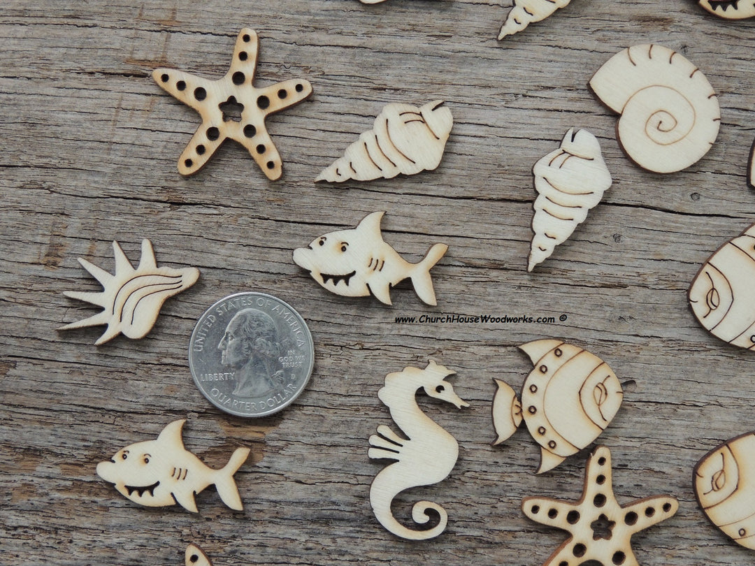 50 marine life sea creature wood pieces shapes star fish, seahorse, shark, fish, conch shell, sea shells crafts ornaments embellisments diy