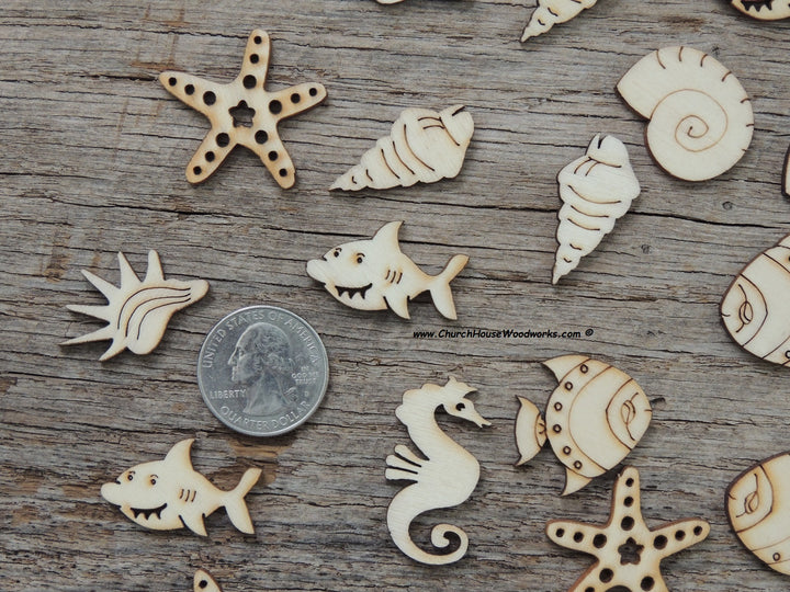 50 marine life sea creature wood pieces shapes star fish, seahorse, shark, fish, conch shell, sea shells crafts ornaments embellisments diy