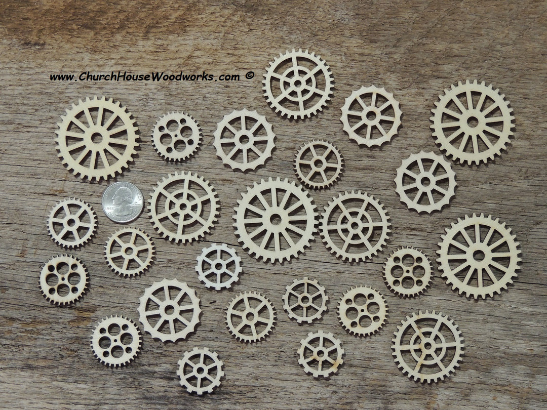 25 Wood Gear Cogs for Steampunk Crafts Wooden Watch Gears Wheels Embellishments Shapes Industrial Craft Supplies 1 to 2 inch size