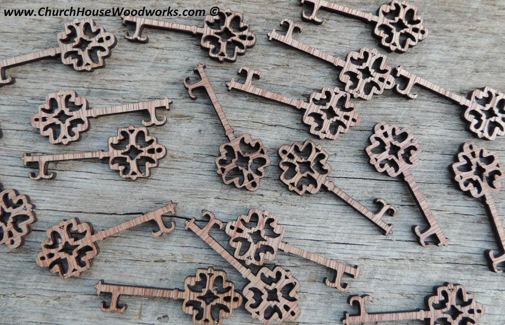 Wood skeleton keys for diy crafting projects by ChurchHouseWoodworks.com. Laser cut wood shape cutouts.